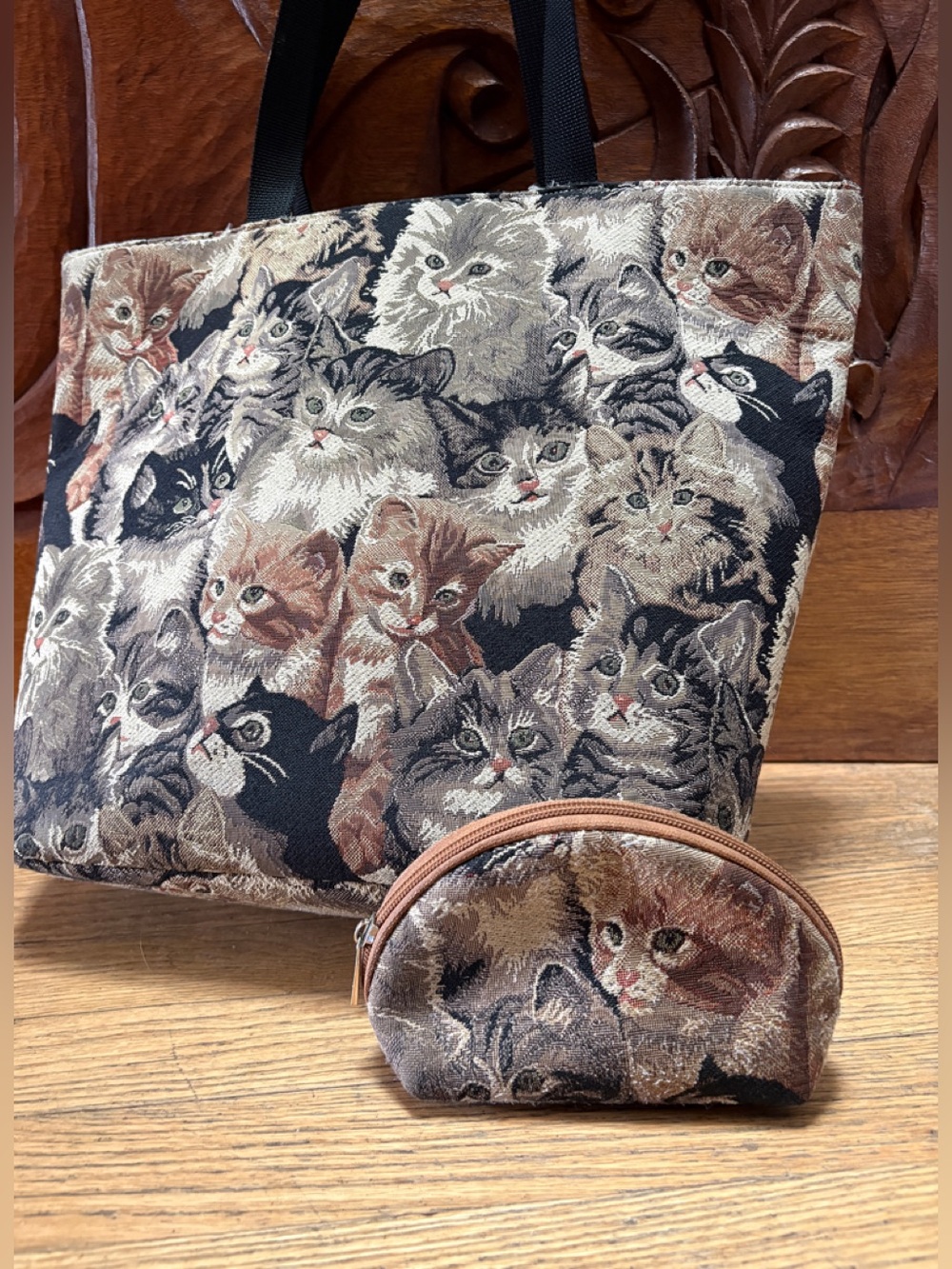Cat Print Tote Bag and Coin Purse - Multicolor